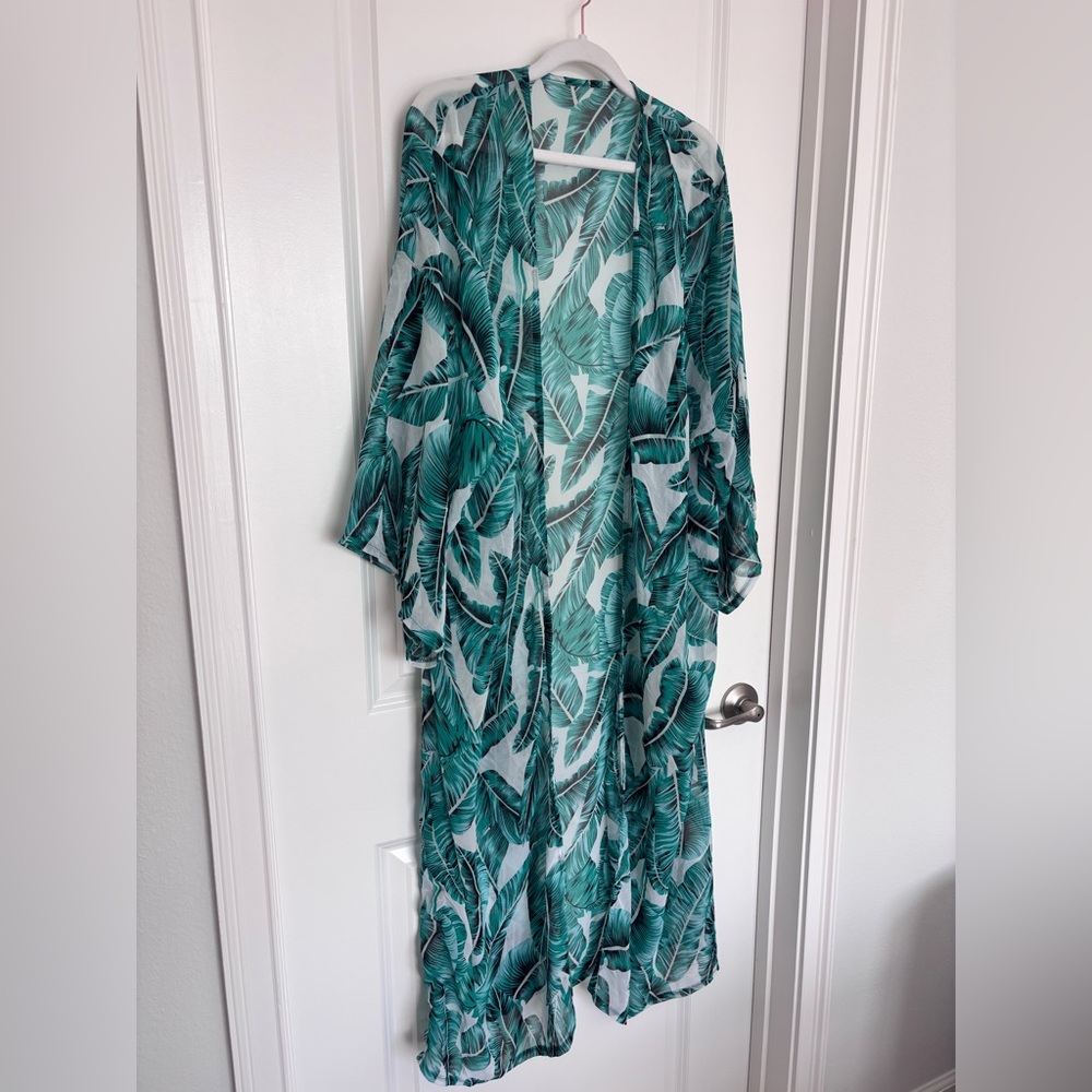Tropical Palm Leaf Kimono Swim Cover Up Resort Wear Beach Vacation One Size